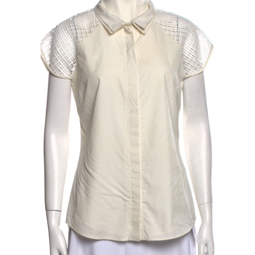 Lela Rose Off White Double Collar Silk 
Mesh Shoulders Button Up Top Sz 8